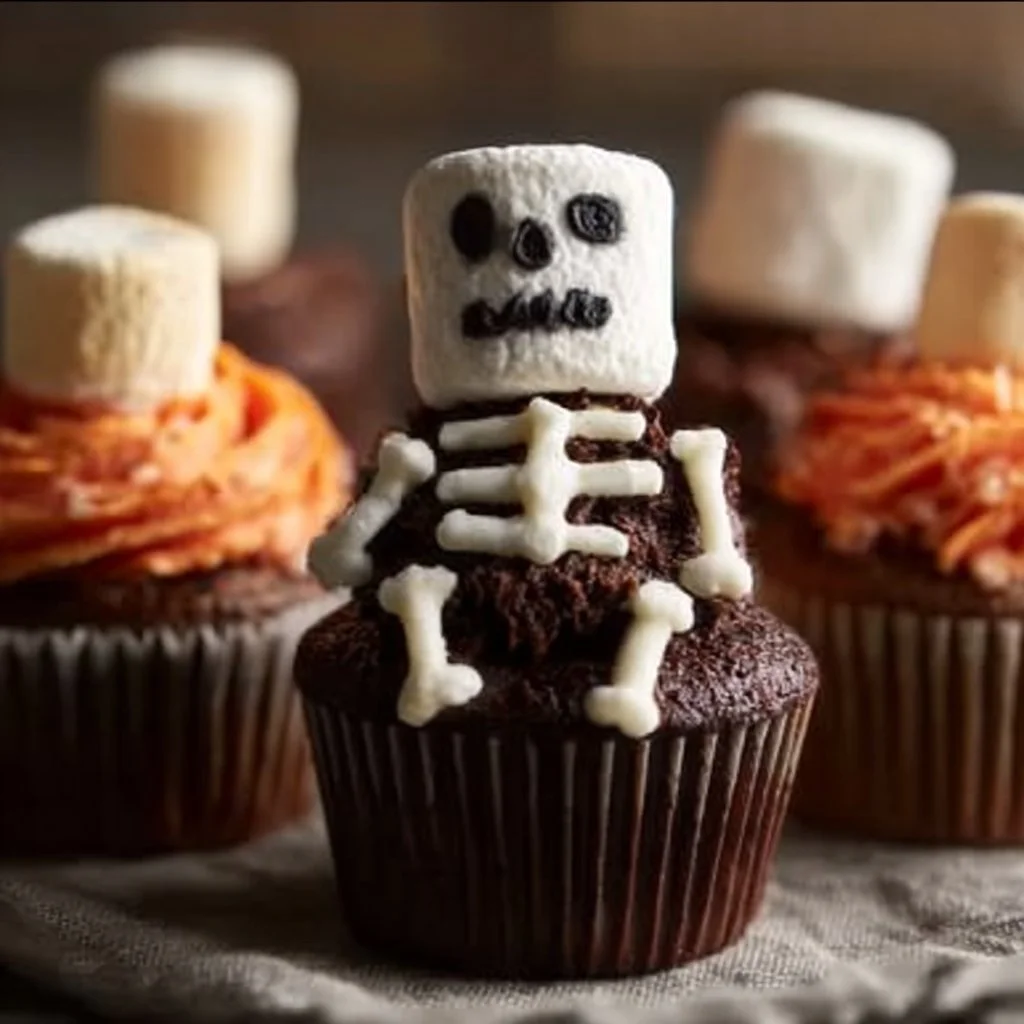 Decorative skeleton cupcakes topped with spooky frosting for Halloween