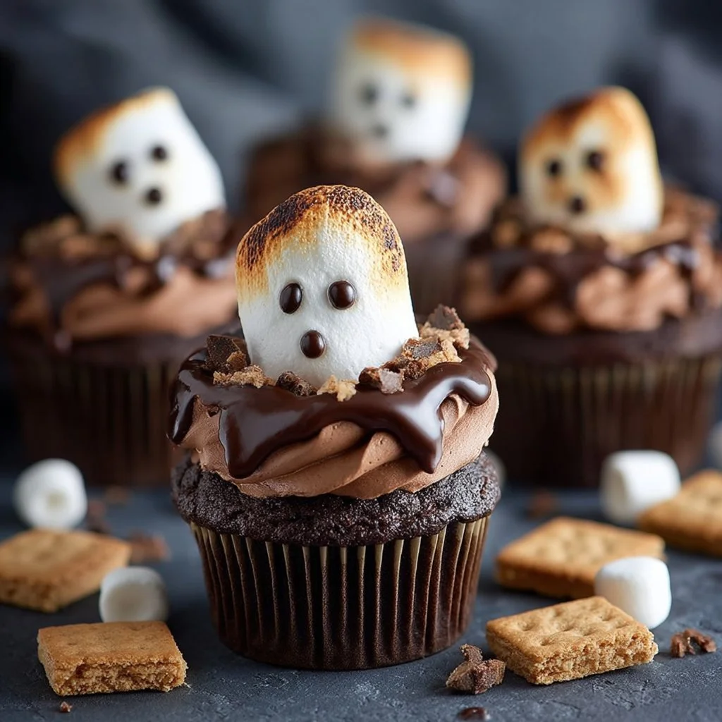 Toasted Ghost S'mores Cupcakes topped with marshmallows and chocolate