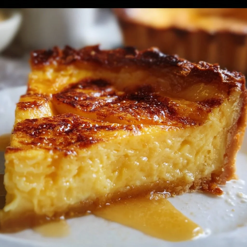 Homemade apple custard pie with a golden crust and sliced apples on top