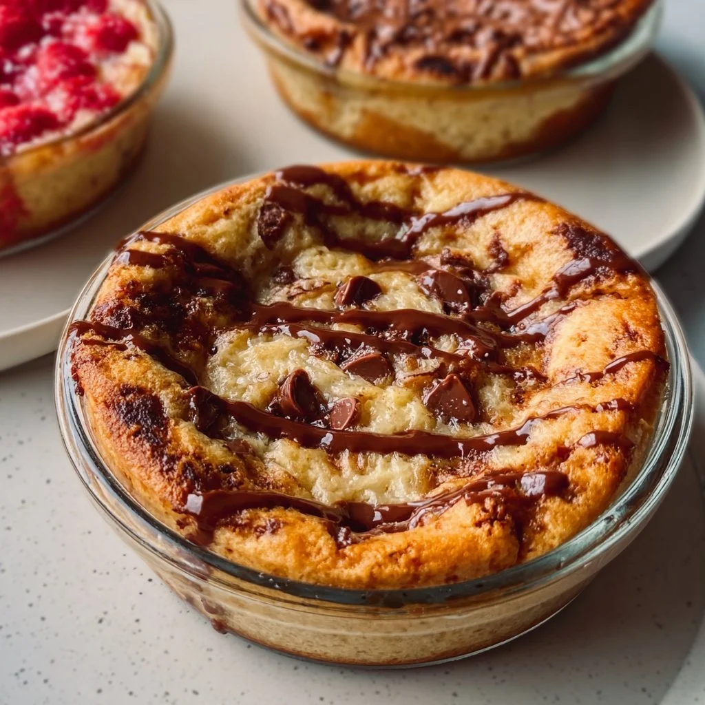 Baked protein pancake bowls topped with fresh fruits and syrup
