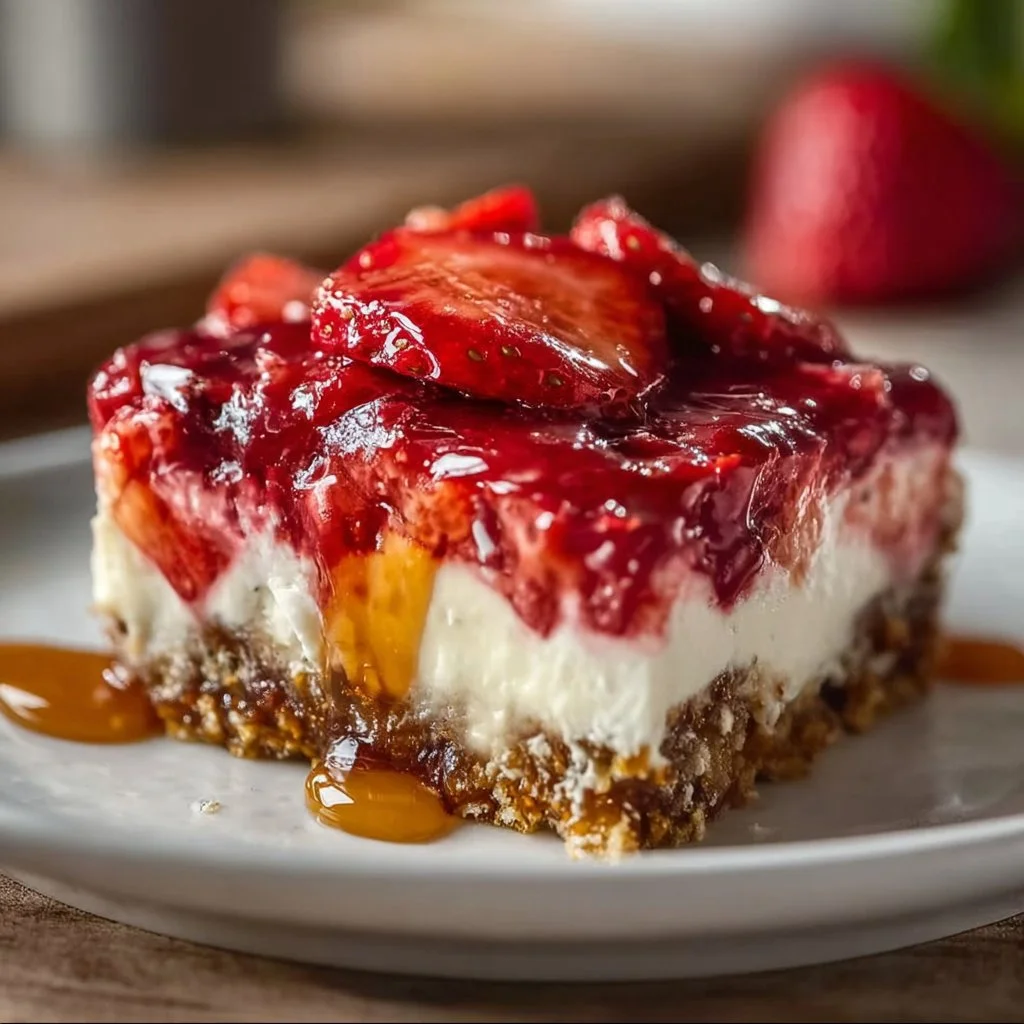 Deliciously layered strawberry pretzel salad with cream filling and pretzel crust
