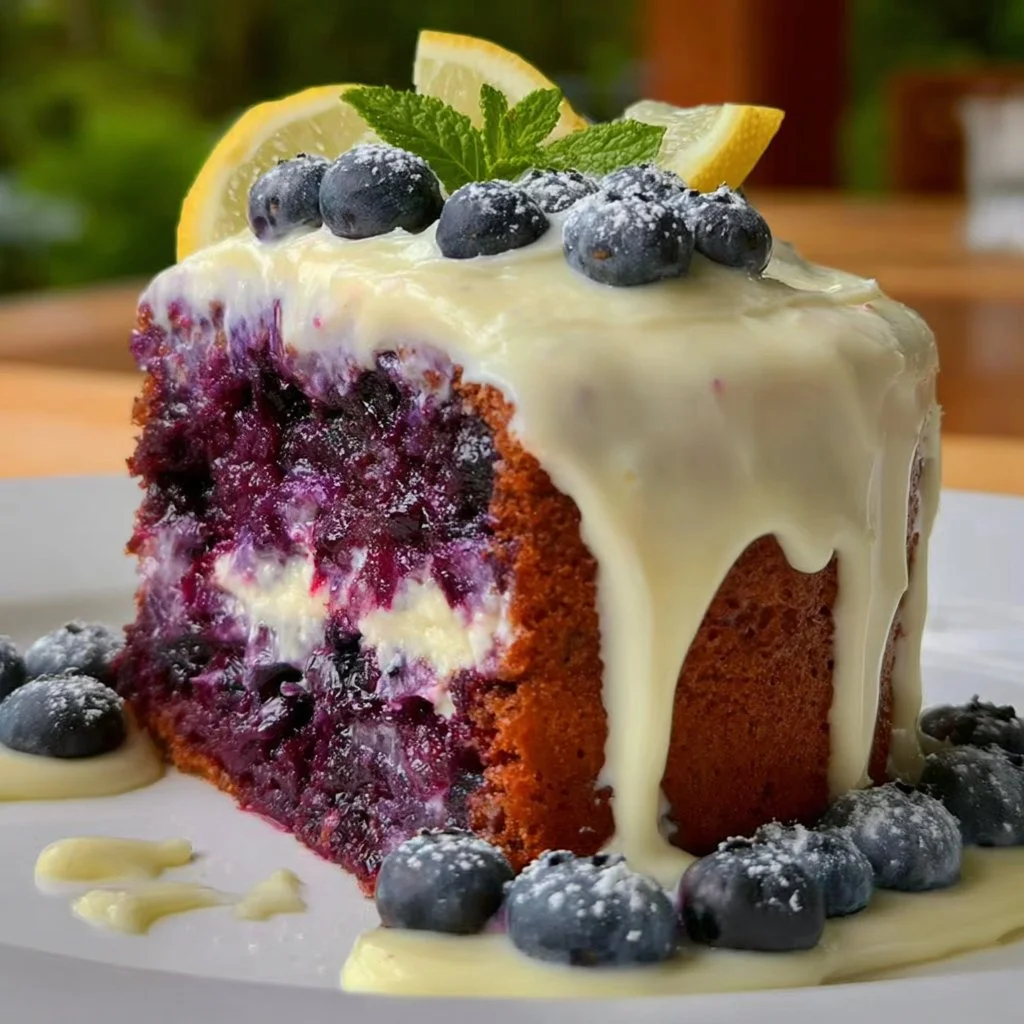 A slice of blueberry cake with lemon cream cheese frosting on a white plate