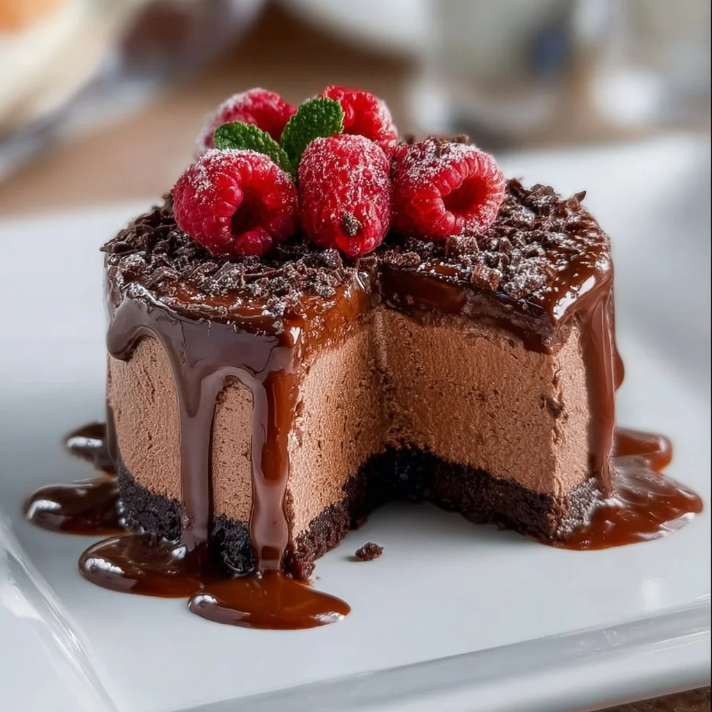 Delicious chocolate mousse cake topped with fresh berries and chocolate shavings