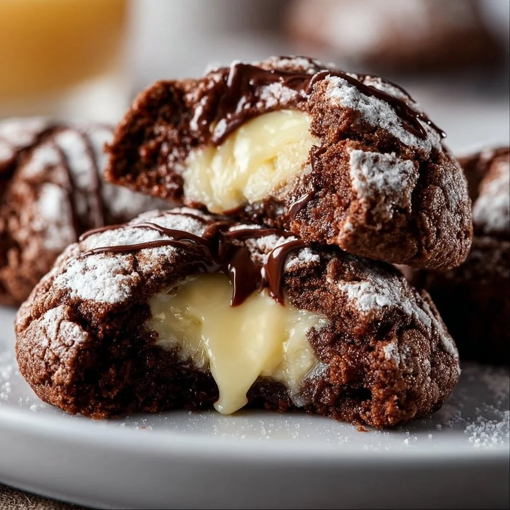 Chocolate Snowball Cookies with creamy white chocolate center