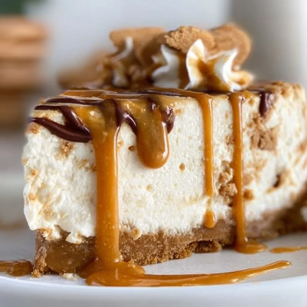 Delicious no bake cookie butter cheesecake topped with cookie crumbles