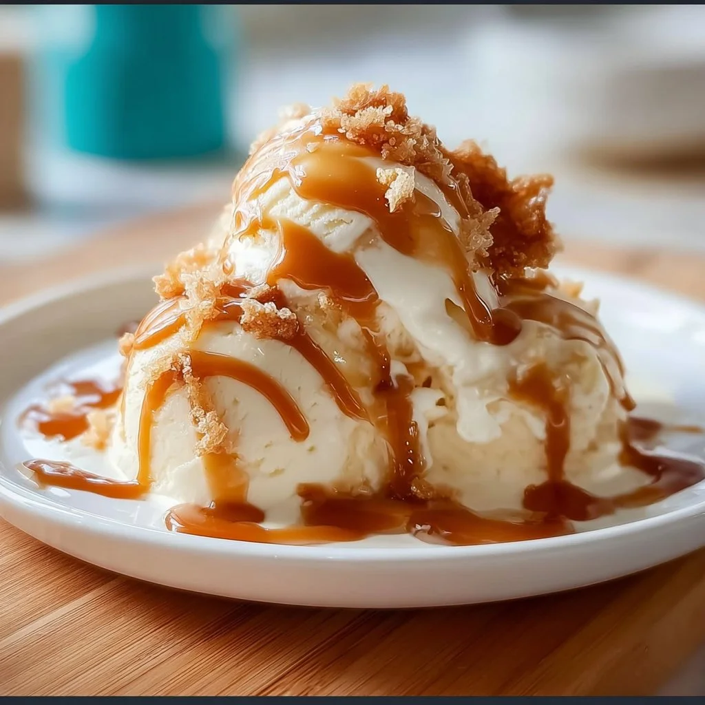 Bowl of easy salted caramel frozen yogurt topped with caramel drizzle