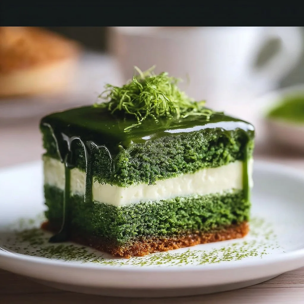 Slice of delicious Green Velvet Cake topped with cream cheese frosting