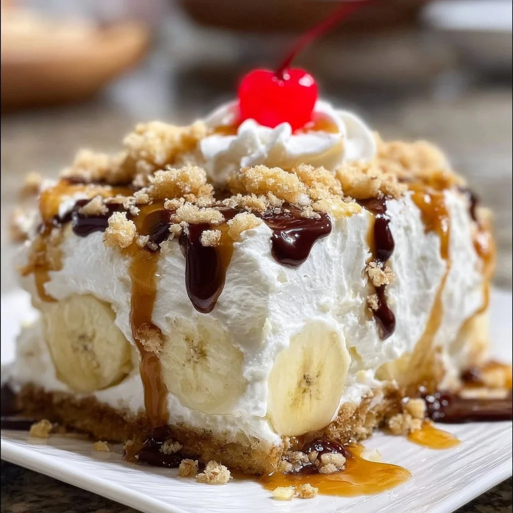 No Bake Banana Split Cake with layers of bananas and cream