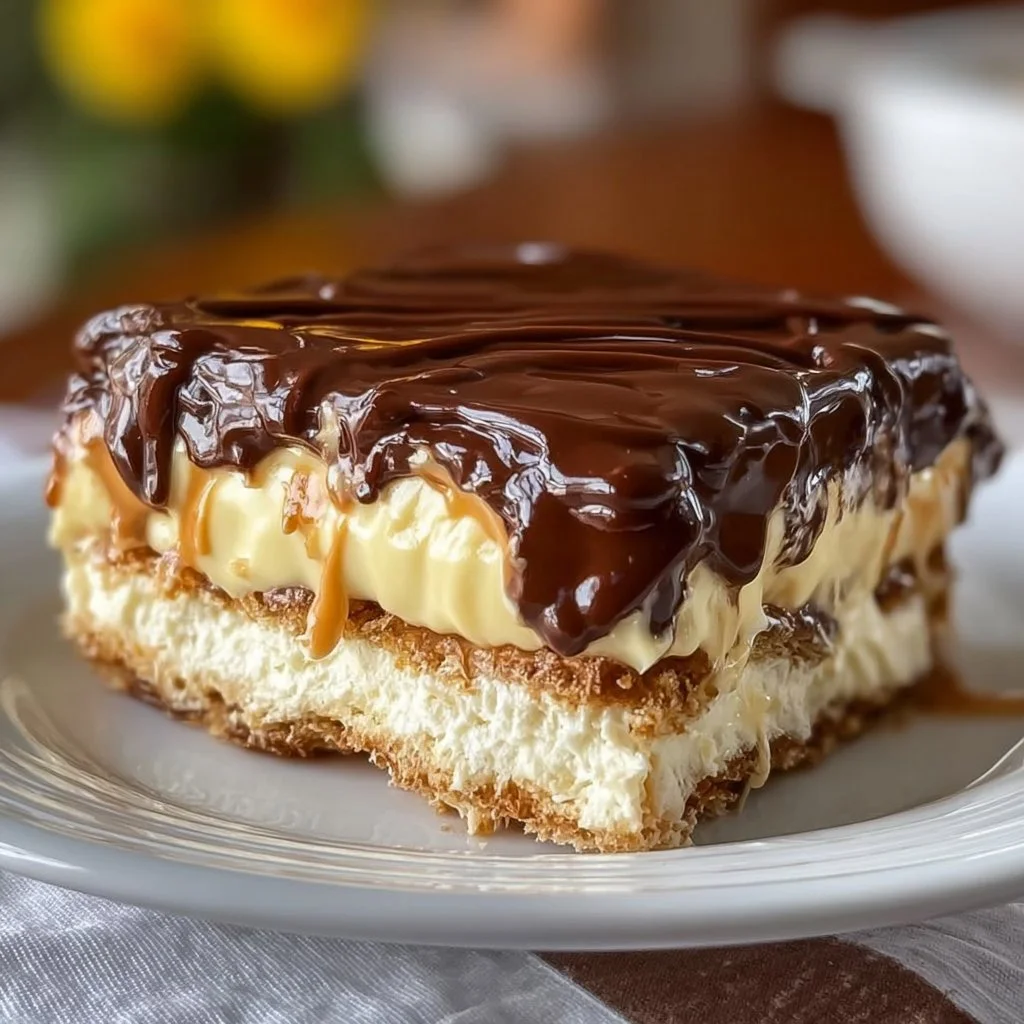 No-Bake Eclair Cake topped with chocolate icing and cream layers