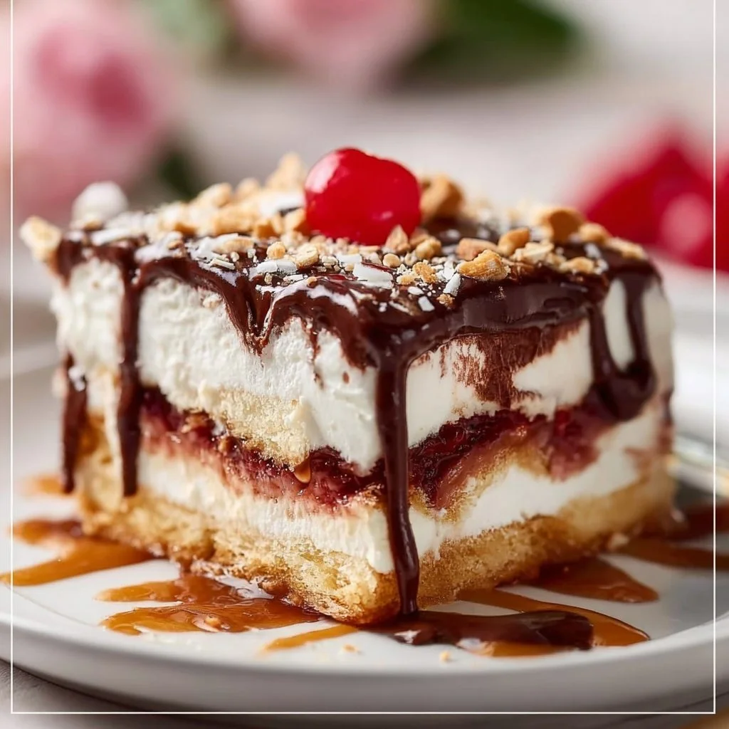 Delicious no-bake heavenly layered dessert with cream and toppings