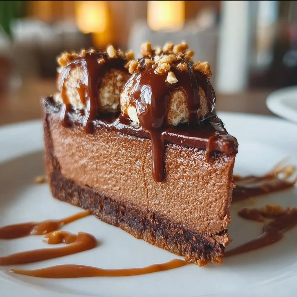 Delicious homemade Nutella Cheesecake topped with chocolate and hazelnuts