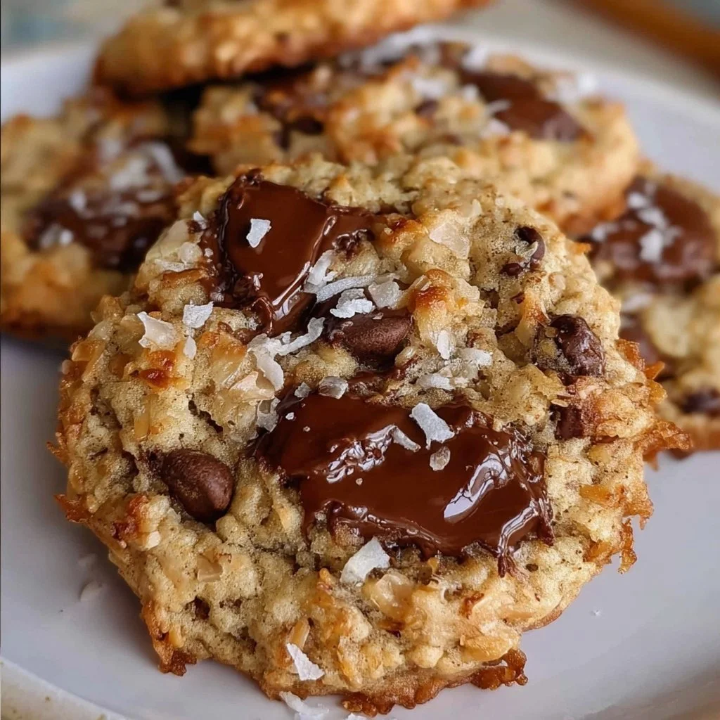 Oatmeal coconut chocolate chip cookies on a plate, freshly baked and golden brown.
