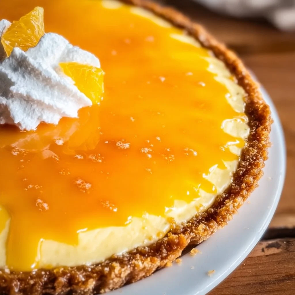 Delicious slice of homemade Orange Pie topped with fresh orange slices.
