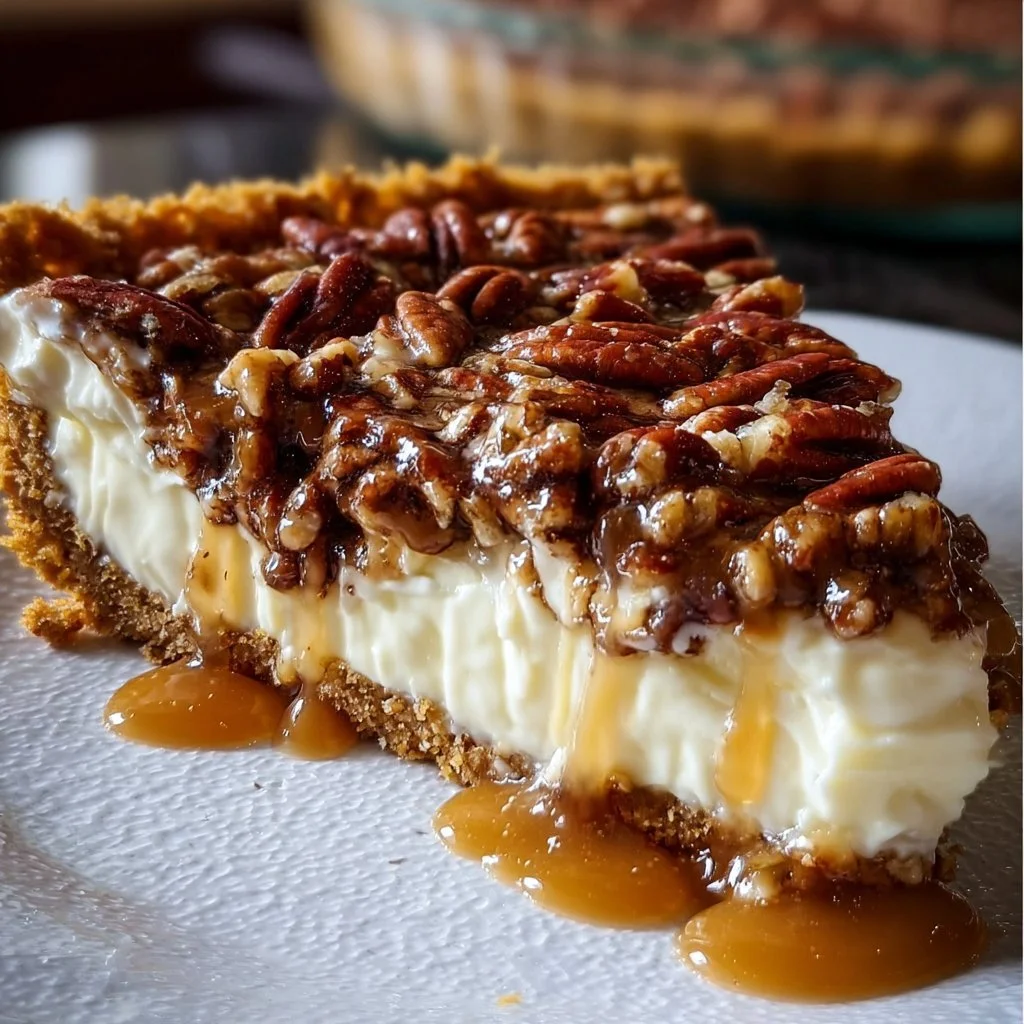 Deliciously rich Pecan Cheesecake Pie with a creamy filling and topped with pecans