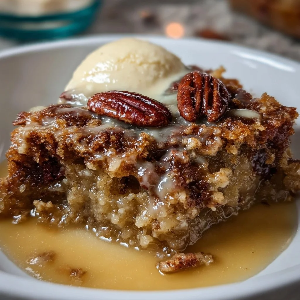 Warm Pecan Pie Cobbler served in a rustic dish with a scoop of vanilla ice cream