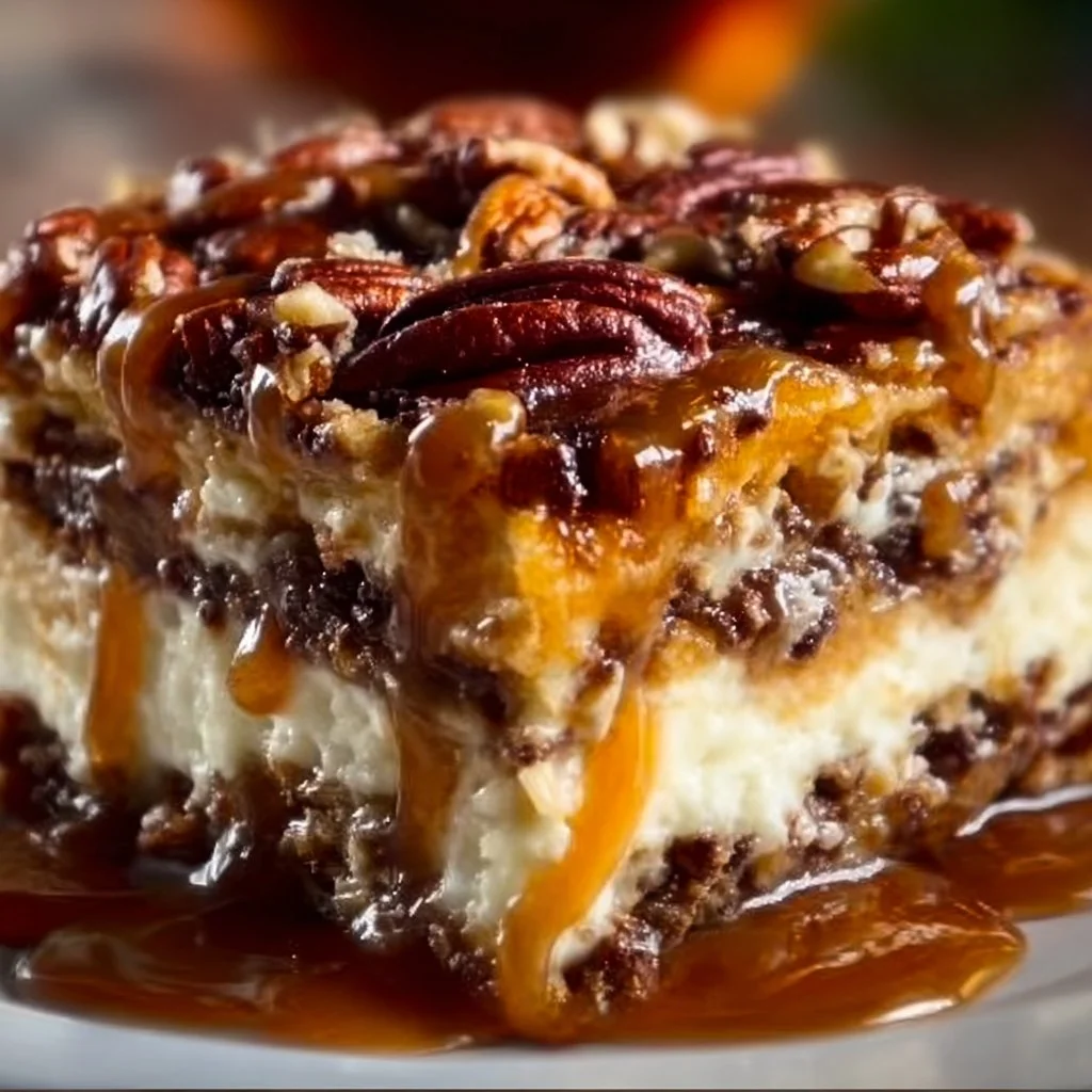 Delicious Pecan Pie Lasagna layered dessert with pecans and creamy filling