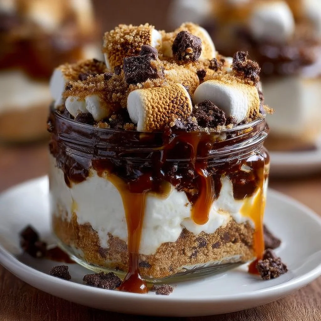 Delicious s'mores in a jar with layers of graham crackers, chocolate, and marshmallows