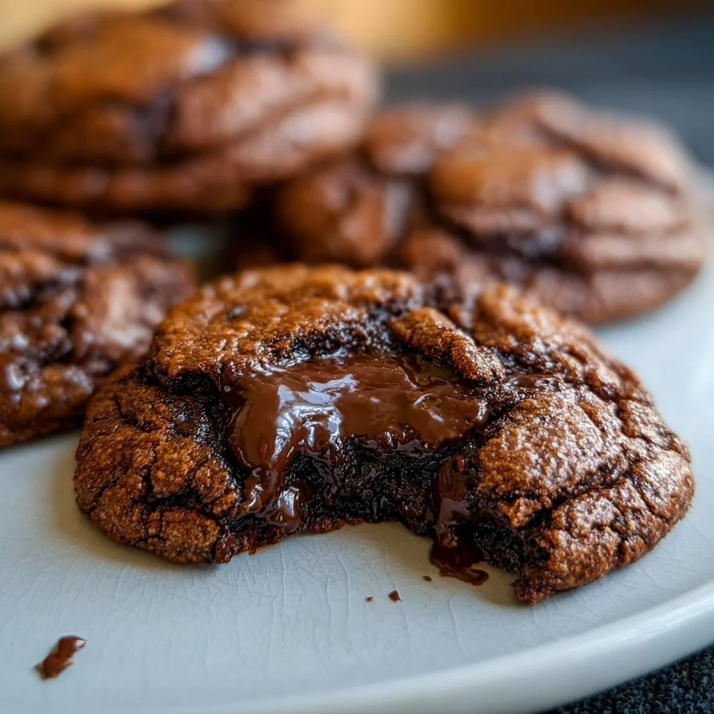 Soft-melting chocolate brownie cookies on a plate with a glass of milk