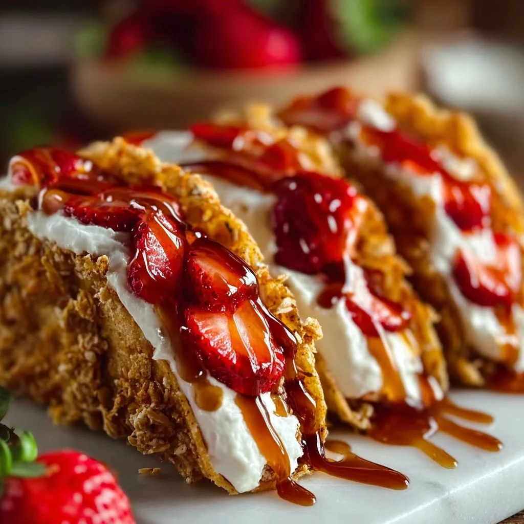 Strawberry crunch cheesecake tacos served on a plate with fresh strawberries.
