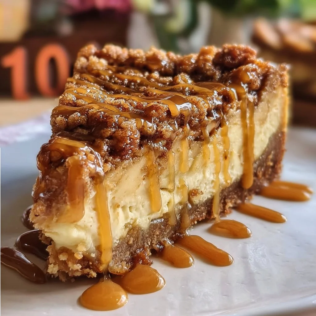 Vegan apple crumble cheesecake topped with a crunchy oat crumble and apple slices.