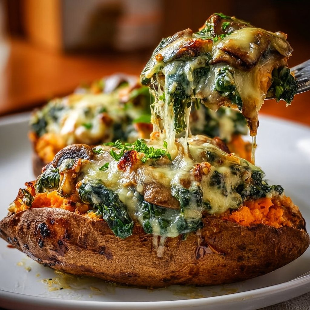 Creamy Mushroom And Spinach Stuffed Sweet Potatoes 4 Creamy Mushroom and Spinach Stuffed Sweet Potatoes
