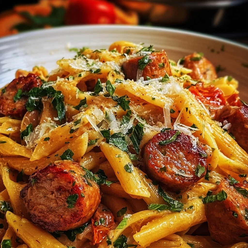 Delicious Cajun Sausage Pasta with colorful vegetables and creamy sauce