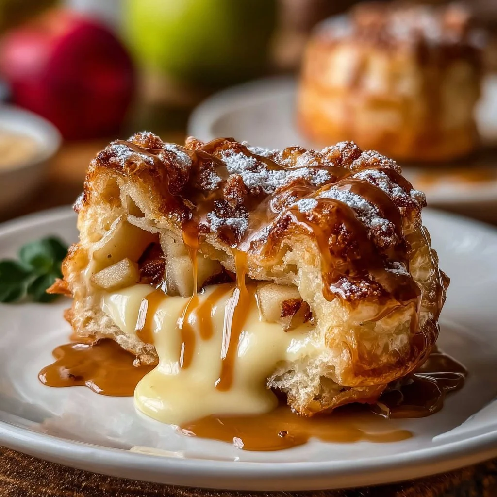 Delicious cheesecake stuffed apple pies on a plate, topped with caramel