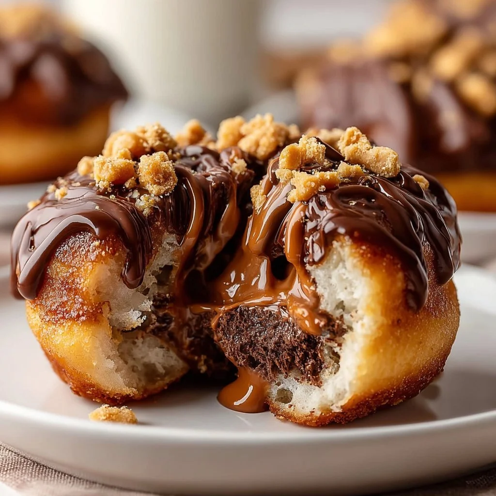 Chocolate peanut butter cup stuffed donuts topped with chocolate glaze