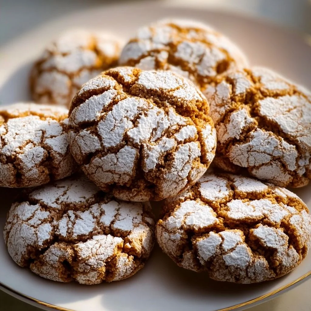 Freshly baked Cinnamon Coffee Crinkles cookies on a wooden table