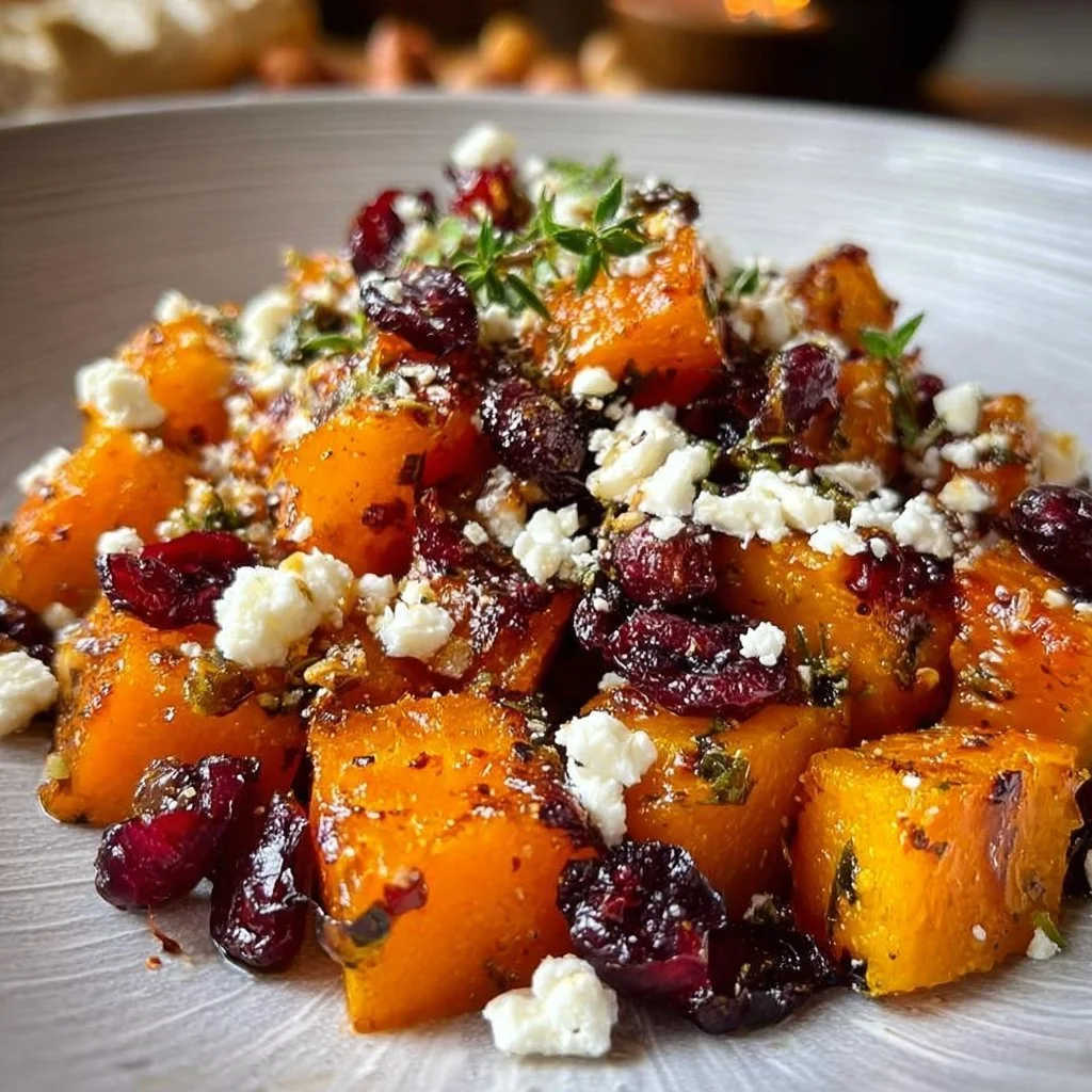 Roasted butternut squash with cranberries and feta on a serving plate