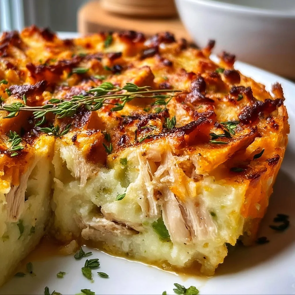 Delicious Turkey Mashed Potato Pie topped with golden crust