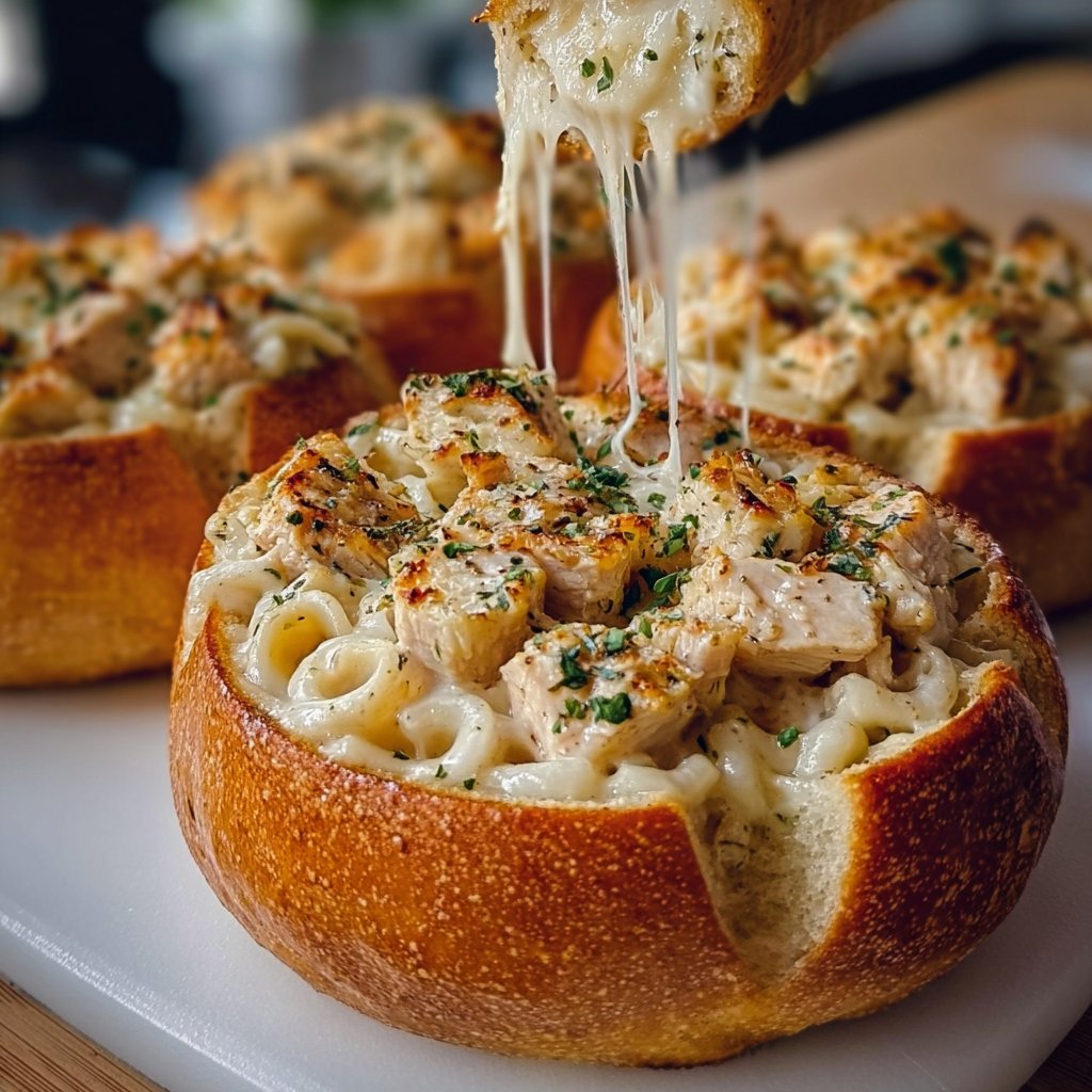 Chicken Alfredo Garlic Bread Bowls 4 Chicken Alfredo Garlic Bread Bowls