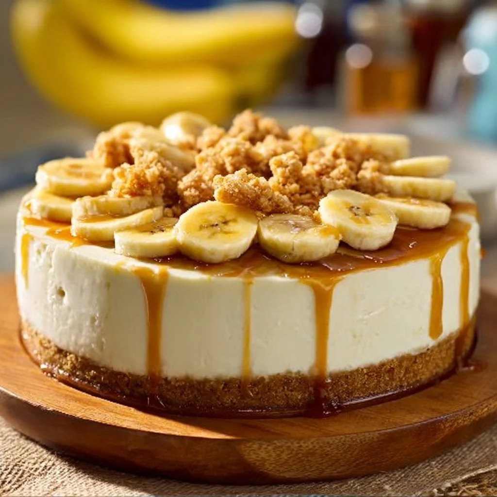 Banana Pudding Crunch Cheesecake layered with bananas and creamy cheesecake