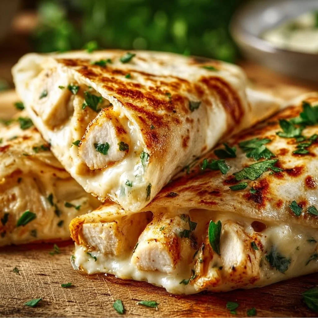 Cheesy garlic chicken wraps garnished with fresh herbs