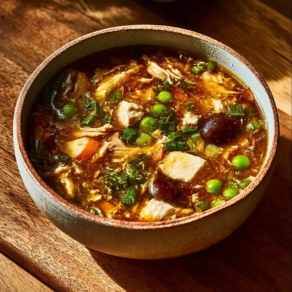 Bowl of classic hot and sour soup with tofu and mushrooms