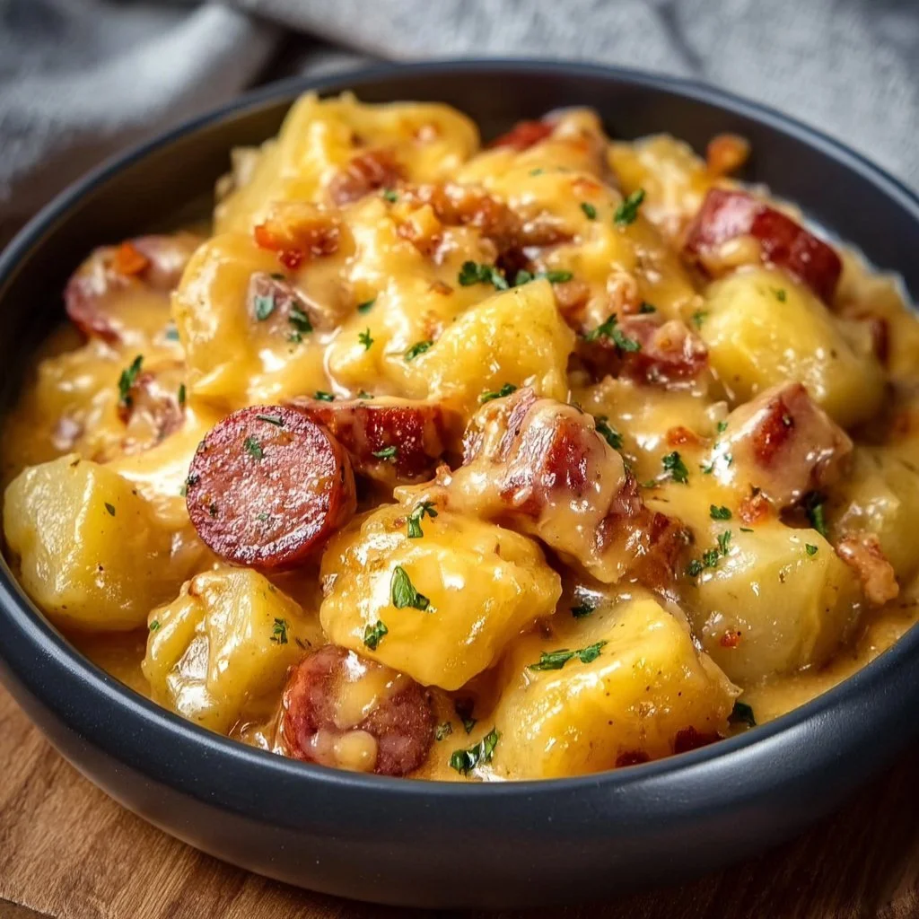 Crockpot cheesy potatoes and kielbasa served in a cozy dish