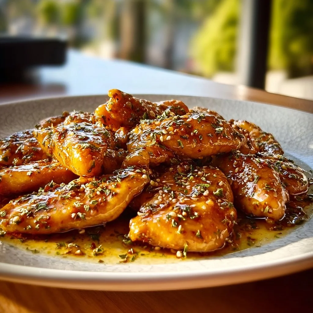 Delicious Honey Garlic Chicken drizzled with sauce, served on a plate.