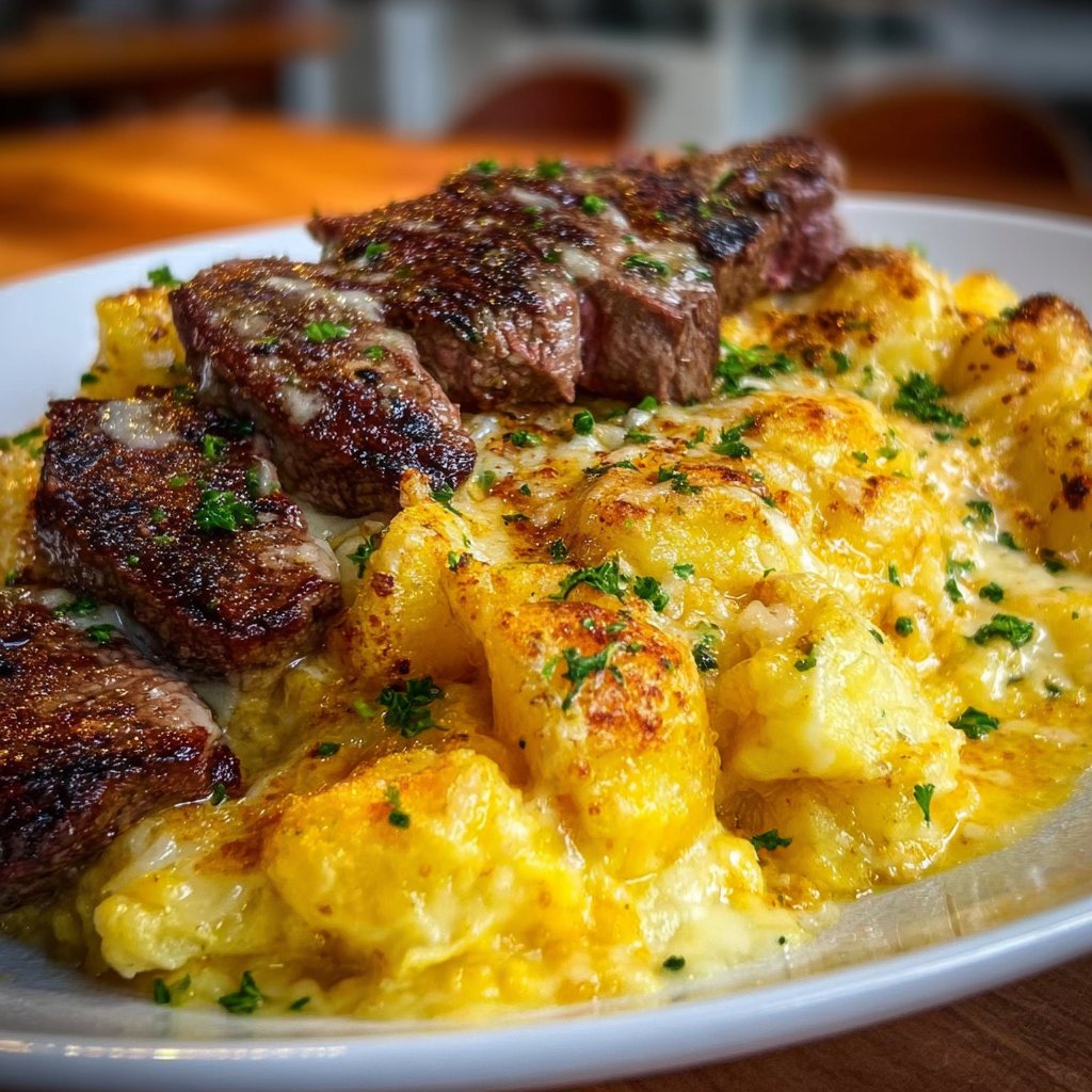 Garlic Butter Steak &Amp; Cheddar Potato Bake 4 Garlic Butter Steak & Cheddar Potato Bake