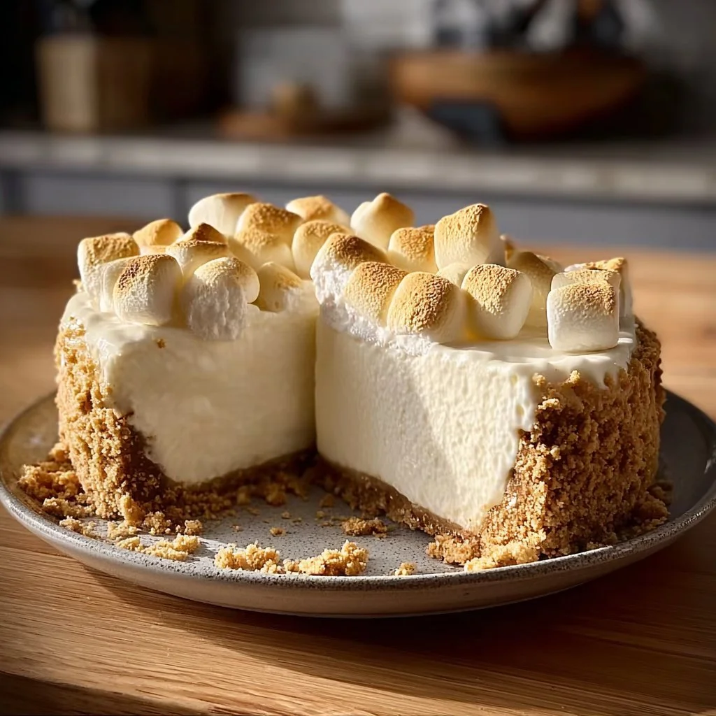 Delicious no-bake marshmallow cheesecake topped with fluffy marshmallows.