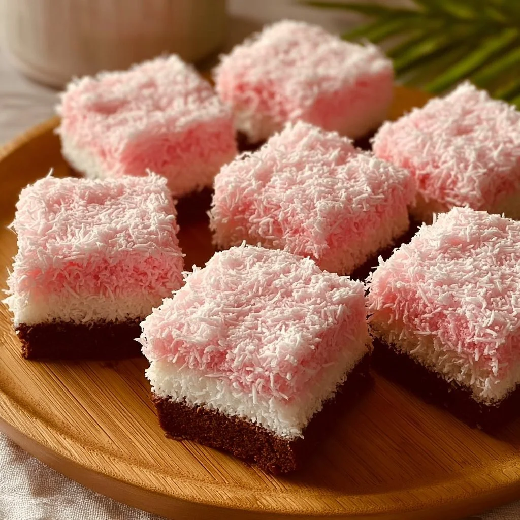 Pink Coconut Snowball Cake Bars topped with fluffy coconut and pastel sprinkles