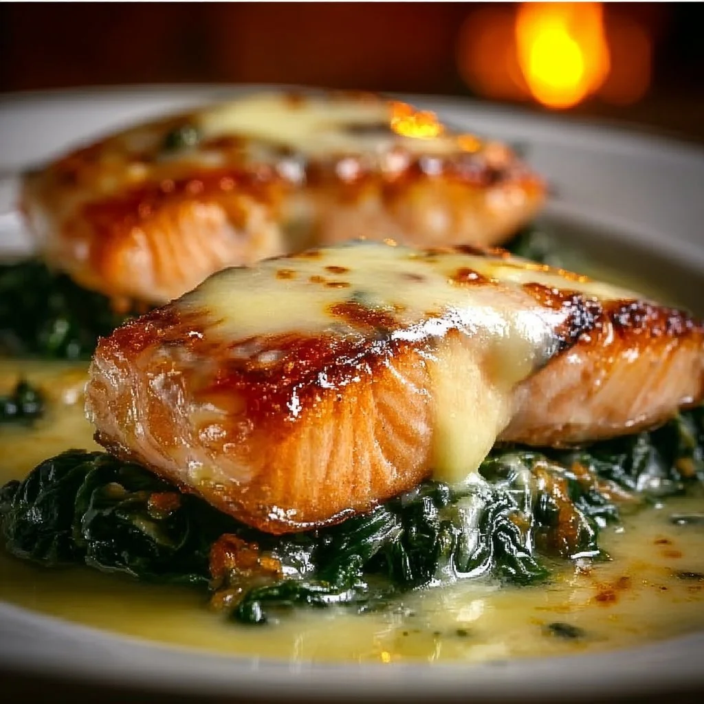 Baked salmon with spinach served on a plate garnished with lemon and herbs
