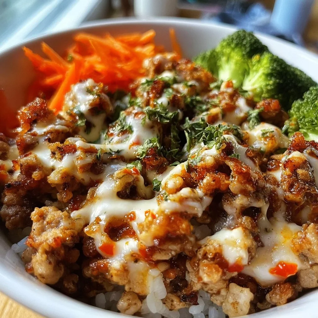 Bang Bang Ground Turkey Bowls with fresh vegetables and spicy sauce
