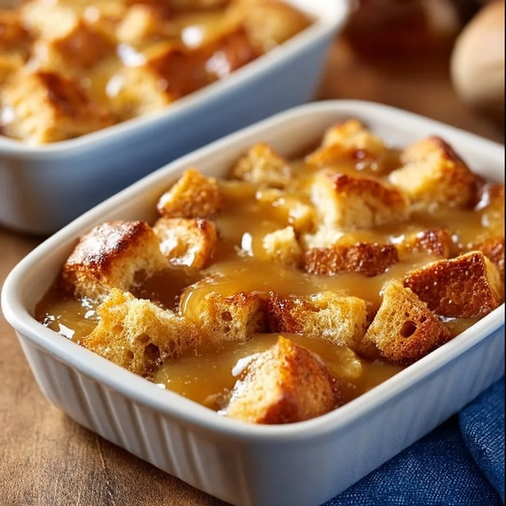 Delicious homemade bread pudding served with warm sauce