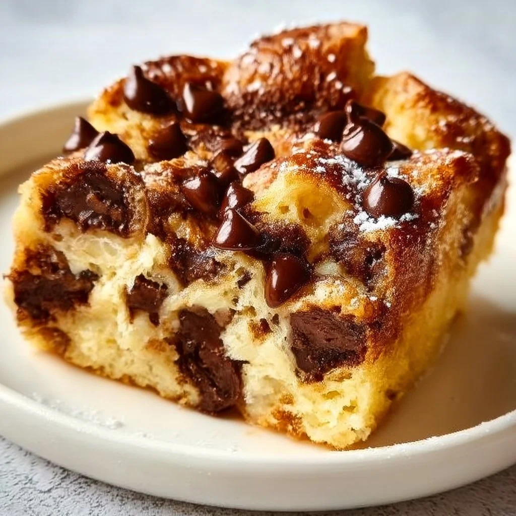 Warm and decadent chocolate chip bread pudding dessert in a serving dish