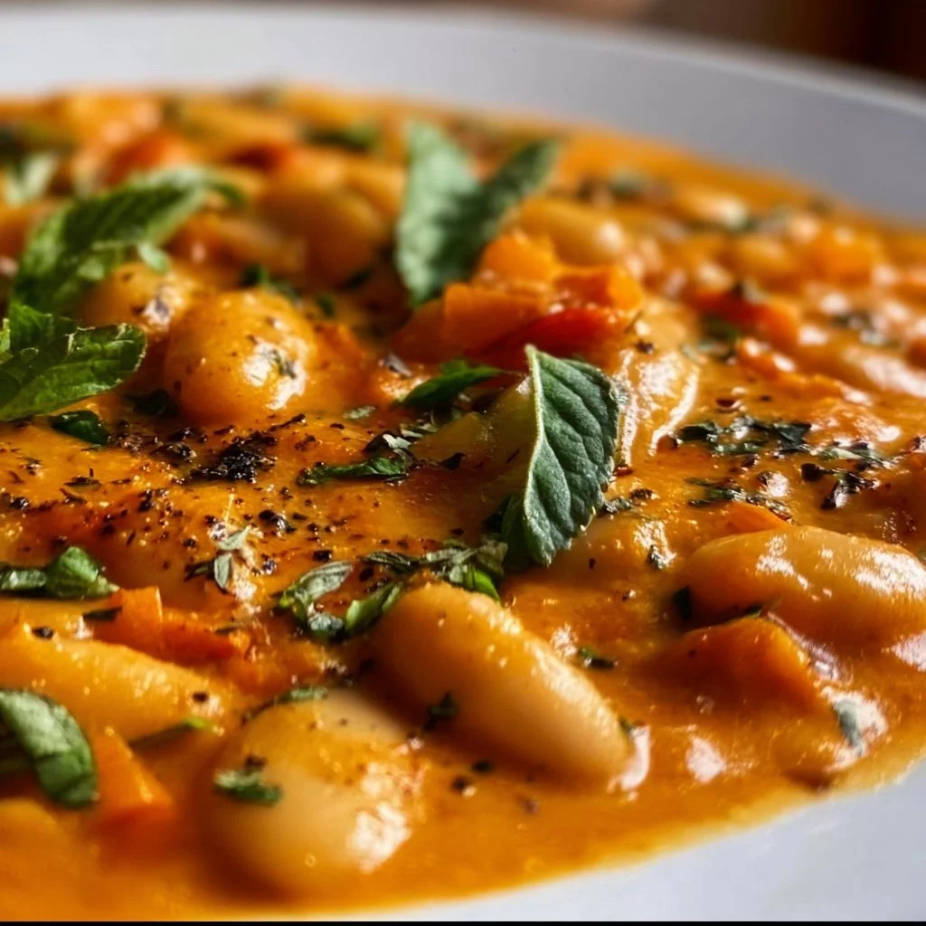 Creamy vegan tomato white bean stew served in a bowl