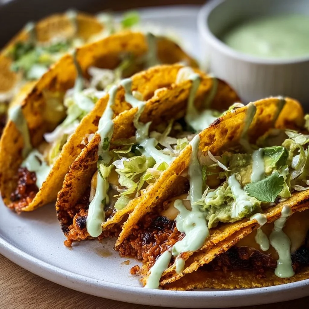 Crispy baked turkey tacos drizzled with creamy avocado sauce on a plate