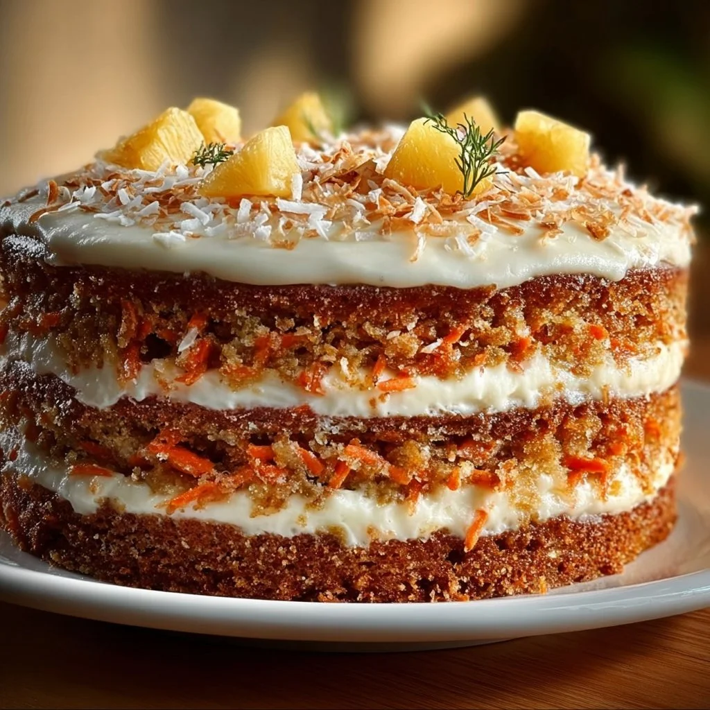 Slice of delicious Hawaiian Carrot Pineapple Cake topped with cream cheese frosting
