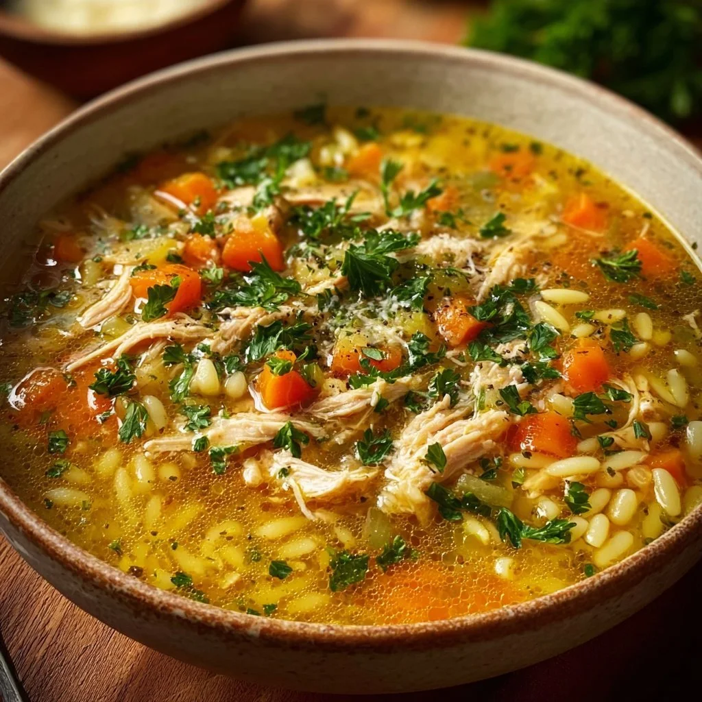 Bowl of delicious Italian Penicillin Soup with fresh herbs and vegetables