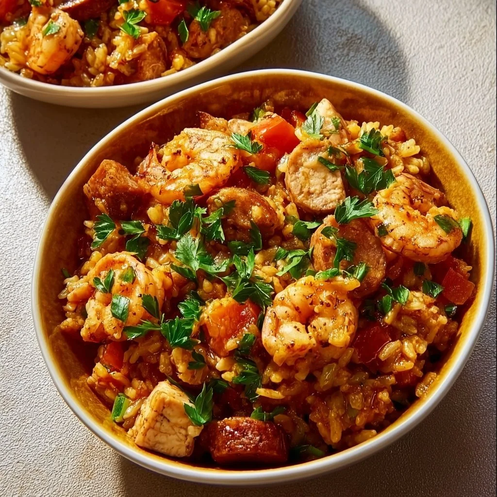 Delicious High Protein Jambalaya in a bowl with fresh ingredients