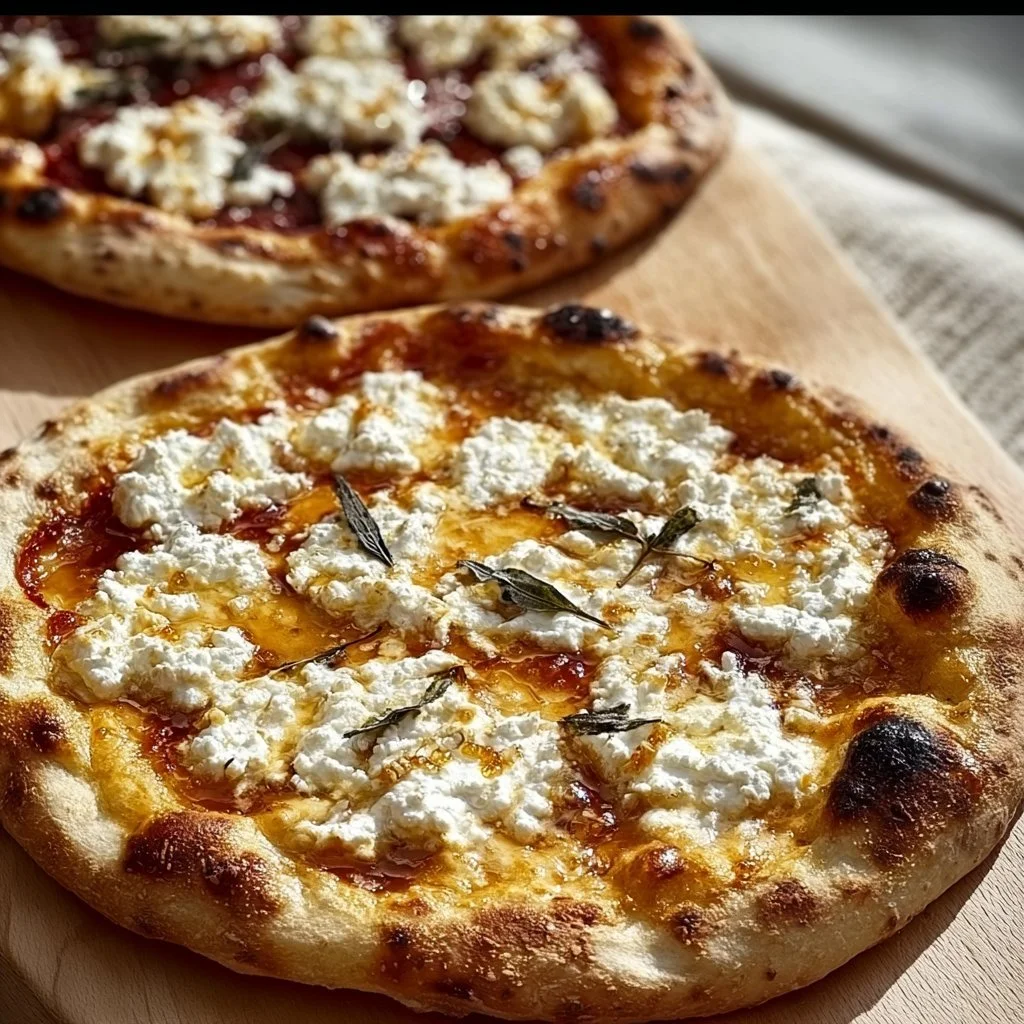 Delicious hot honey ricotta pizza with drizzled honey and fresh toppings.